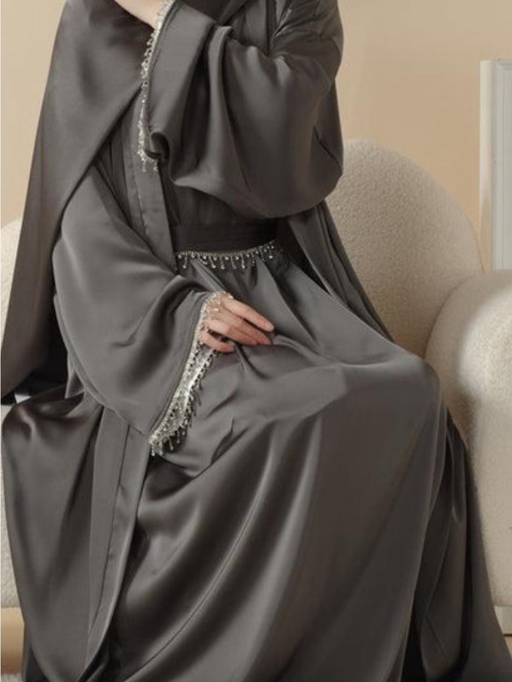 Dark Gray Satin Abaya with Beaded Fringe